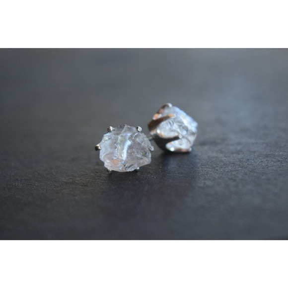 Sterling silver stud earrings, alternative diamond, uncut natural gemsto… - Picture 4 of 5